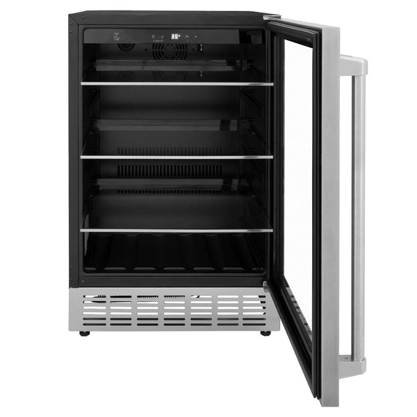 ZLINE 24 in. Monument 154 Can Beverage Fridge in Stainless Steel (RBV-US-24) front, door open.