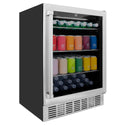 ZLINE 24 in. Monument 154 Can Beverage Fridge in Stainless Steel (RBV-US-24) side, closed with colorful canned and bottled beverages visible through the glass door.