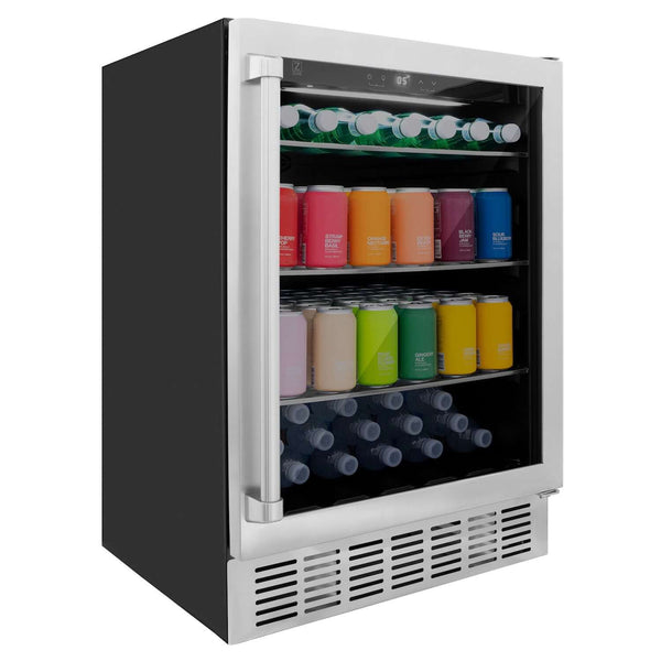 ZLINE 24 in. Monument 154 Can Beverage Fridge in Stainless Steel (RBV-US-24) side, closed with colorful canned and bottled beverages visible through the glass door.