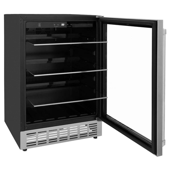 ZLINE 24 in. Monument 154 Can Beverage Fridge in Stainless Steel (RBV-US-24) side, open with adjustable shelving extended.