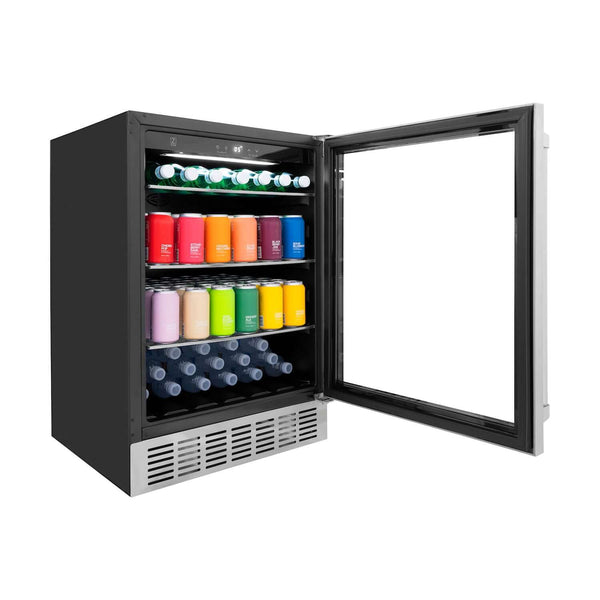 ZLINE 24 in. Monument 154 Can Beverage Fridge in Stainless Steel (RBV-US-24) side, open with colorful canned and bottled beverages inside.