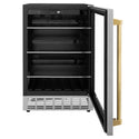 ZLINE Autograph Edition 24 in. Monument 154 Can Beverage Fridge in Stainless Steel with Polished Gold Accents (RBVZ-US-24-G) front, door open.