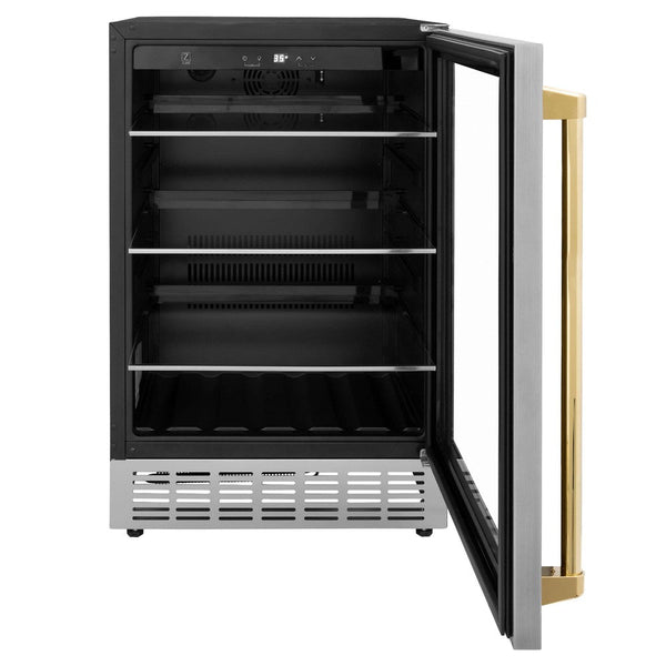 ZLINE Autograph Edition 24 in. Monument 154 Can Beverage Fridge in Stainless Steel with Polished Gold Accents (RBVZ-US-24-G) front, door open.