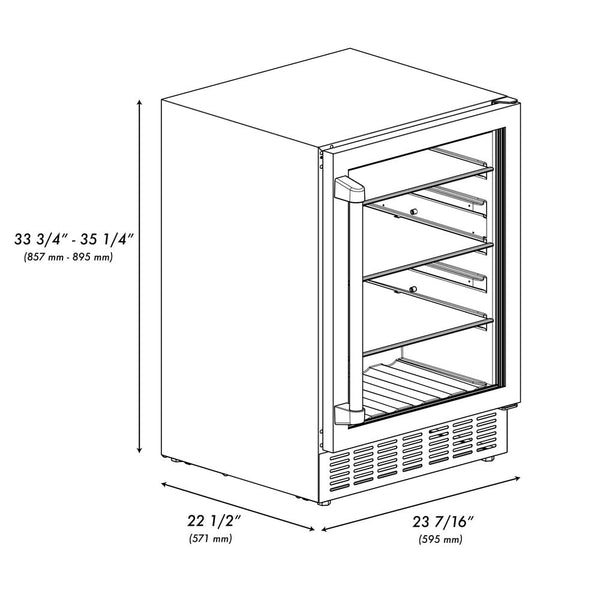 ZLINE Autograph Edition 24 in. Monument 154 Can Beverage Fridge in Stainless Steel with Matte Black Accents (RBVZ-US-24-MB) dimensional diagram with measurements.