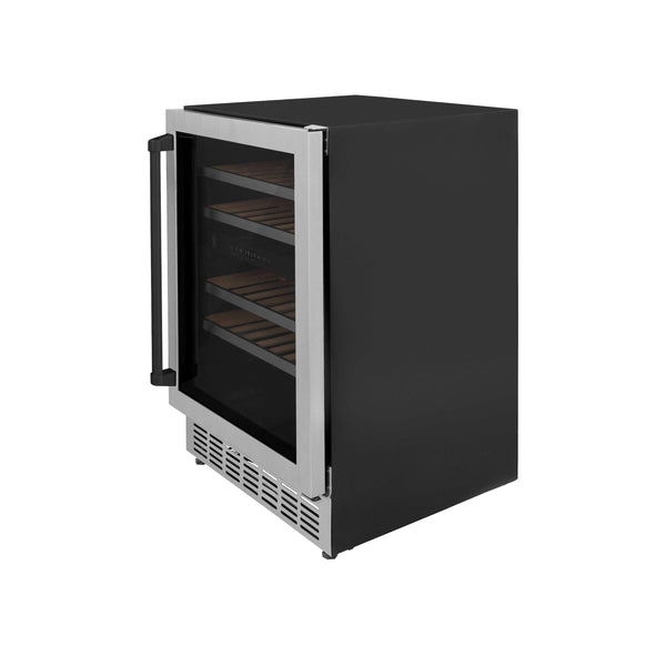 ZLINE Autograph Edition 24 in. Monument Dual Zone 44-Bottle Wine Cooler in Stainless Steel with Matte Black Accents (RWVZ-UD-24-MB) side, door closed.