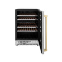 ZLINE Autograph Edition 24 in. Monument Dual Zone 44-Bottle Wine Cooler in Stainless Steel with Champagne Bronze Accents (RWVZ-UD-24-CB) front, door open.