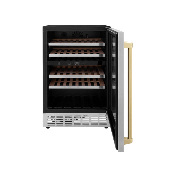 ZLINE Autograph Edition 24 in. Monument Dual Zone 44-Bottle Wine Cooler in Stainless Steel with Champagne Bronze Accents (RWVZ-UD-24-CB) front, door open.