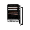 ZLINE Autograph Edition 24 in. Monument Dual Zone 44-Bottle Wine Cooler in Stainless Steel with Matte Black Accents (RWVZ-UD-24-MB) front, door open.