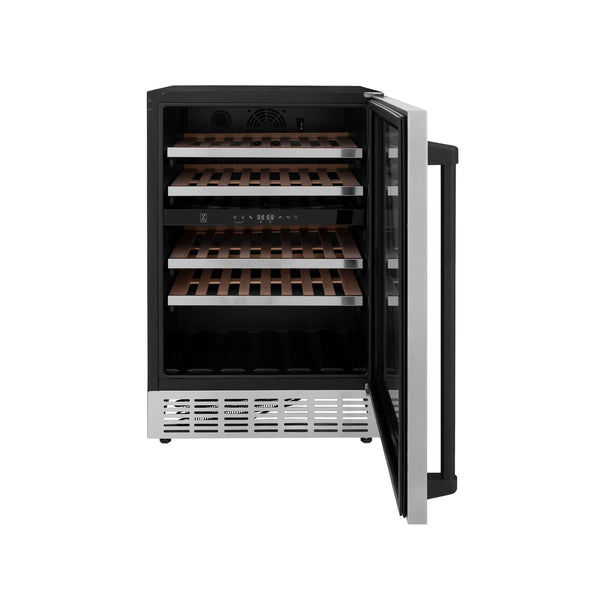 ZLINE Autograph Edition 24 in. Monument Dual Zone 44-Bottle Wine Cooler in Stainless Steel with Matte Black Accents (RWVZ-UD-24-MB) front, door open.
