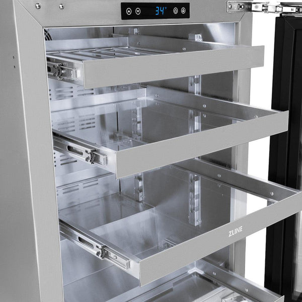 ZLINE Autograph Edition 24 in. Touchstone 151 Can Beverage Fridge With Panel Ready Glass Door And Polished Gold Handle (RBSPOZ-24-G) close-up, door open, 3 full-extension glass racks and 1 full-extension stainless steel wine rack extended.