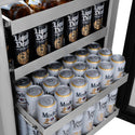ZLINE Autograph Edition 24 in. Touchstone 151 Can Beverage Fridge With Panel Ready Glass Door And Polished Gold Handle (RBSPOZ-24-G) side, fully stocked with canned beverages on 3 full-extension glass racks and bottles on top full-extension stainless steel rack.