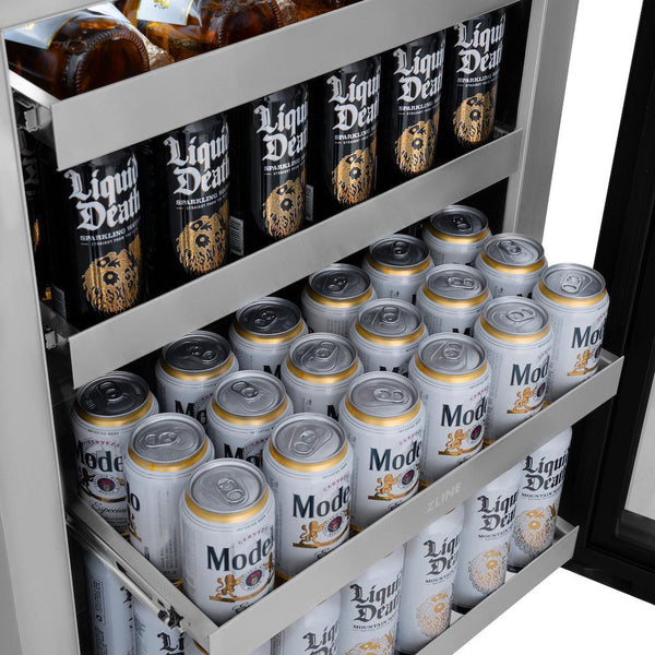 ZLINE Autograph Edition 24 in. Touchstone 151 Can Beverage Fridge With Panel Ready Glass Door And Polished Gold Handle (RBSPOZ-24-G) side, fully stocked with canned beverages on 3 full-extension glass racks and bottles on top full-extension stainless steel rack.