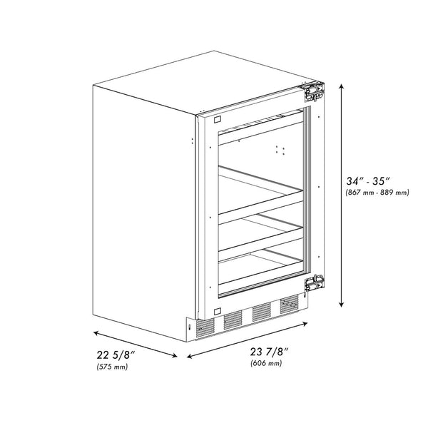 ZLINE Autograph Edition 24 in. Touchstone 151 Can Beverage Fridge With Panel Ready Glass Door And Polished Gold Handle (RBSPOZ-24-G) dimensional diagram with measurements.