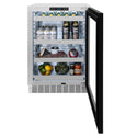 ZLINE Autograph Edition 24 in. Touchstone 151 Can Beverage Fridge With Panel Ready Glass Door And Polished Gold Handle (RBSPOZ-24-G) front, open, with food and beverages inside.