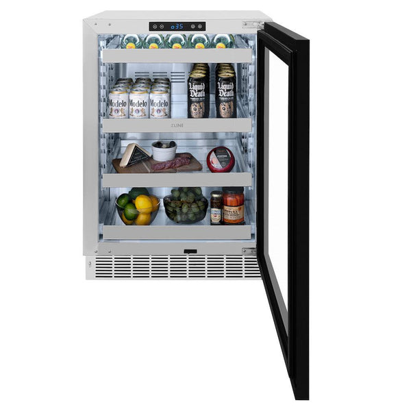 ZLINE Autograph Edition 24 in. Touchstone 151 Can Beverage Fridge With Panel Ready Glass Door And Polished Gold Handle (RBSPOZ-24-G) front, open, with food and beverages inside.