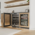 ZLINE 24 in. Touchstone Dual Zone 44 Bottle Wine Cooler With Panel Ready Glass Door (RWDPO-24) in a custom home bar area from side, door open.