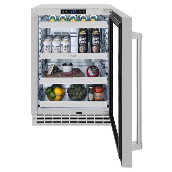 ZLINE 24 in. Touchstone 151 Can Beverage Fridge With Stainless Steel Glass Door (RBSO-GS-24) front, open, with food and beverages inside.