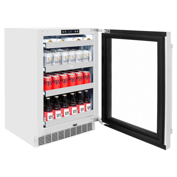 ZLINE 24 in. Touchstone 151 Can Beverage Fridge With Stainless Steel Glass Door (RBSO-GS-24) side, open with drinks inside on adjustable shelving.