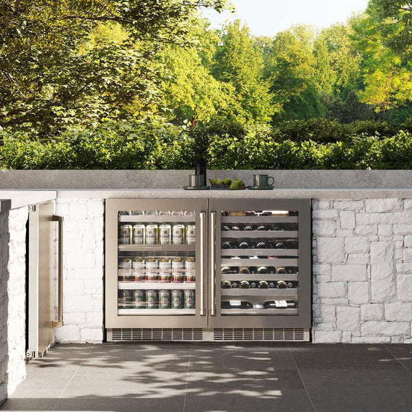 ZLINE 24 in. Touchstone Dual Zone 44 Bottle Wine Cooler With Stainless Steel Glass Door (RWDO-GS-24) in an outdoor patio area.