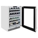 ZLINE 24 in. Touchstone Dual Zone 44 Bottle Wine Cooler With Stainless Steel Glass Door (RWDO-GS-24) side, open with drinks inside on adjustable shelving.