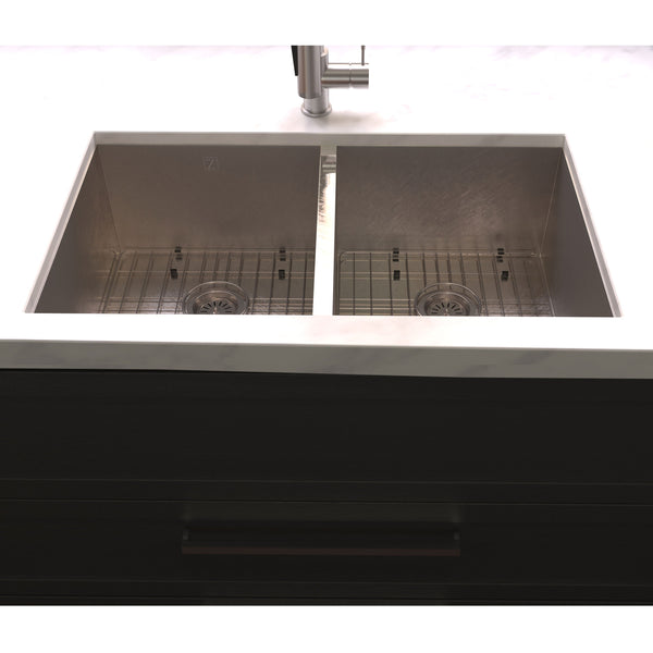 ZLINE 33 in. Anton Undermount Double Bowl Satin Stainless Steel Kitchen Sink with Bottom Grid (SR50D-33S)