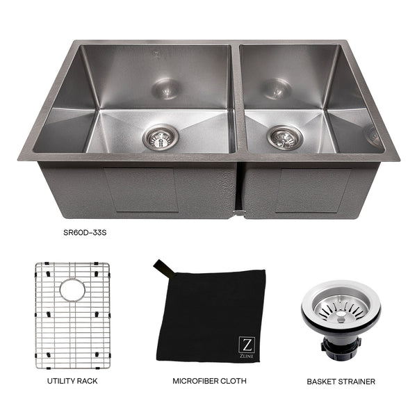 ZLINE 36 in. Chamonix Undermount Double Bowl Satin Stainless Steel Kitchen Sink with Bottom Grid (SR60D-36S)