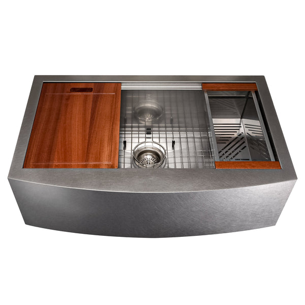 ZLINE 33 in. Moritz Farmhouse Apron Mount Single Bowl Satin Stainless Steel Kitchen Sink with Bottom Grid and Accessories (SLSAP-33S)