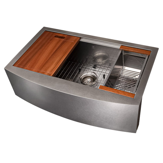 ZLINE 33 in. Moritz Farmhouse Apron Mount Single Bowl Satin Stainless Steel Kitchen Sink with Bottom Grid and Accessories (SLSAP-33S)