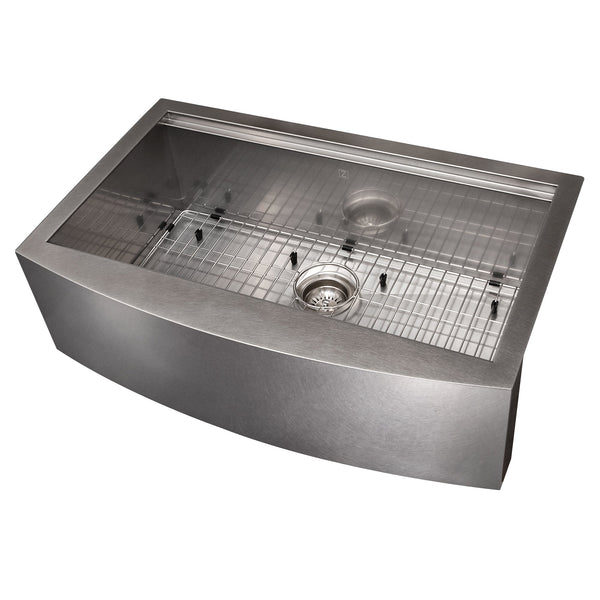 ZLINE 33 in. Moritz Farmhouse Apron Mount Single Bowl Satin Stainless Steel Kitchen Sink with Bottom Grid and Accessories (SLSAP-33S)