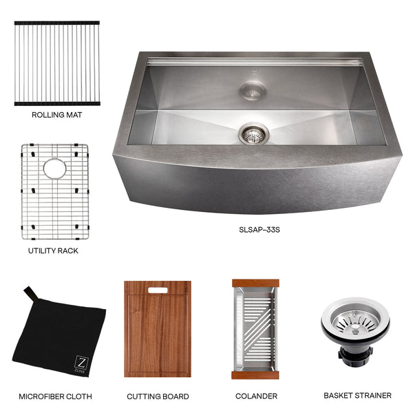 ZLINE 33 in. Moritz Farmhouse Apron Mount Single Bowl Satin Stainless Steel Kitchen Sink with Bottom Grid and Accessories (SLSAP-33S)