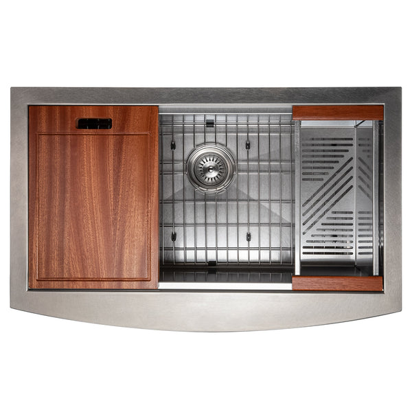ZLINE 33 in. Moritz Farmhouse Apron Mount Single Bowl Satin Stainless Steel Kitchen Sink with Bottom Grid and Accessories (SLSAP-33S)