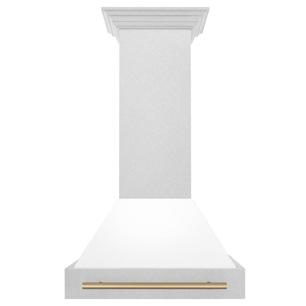 ZLINE Autograph Edition 30" Fingerprint Resistant Stainless Steel Range Hood with White Matte Shell and Champagne Bronze Handle (8654SNZ-WM30-CB)