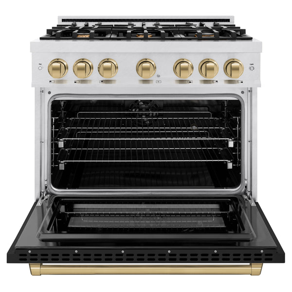 ZLINE Autograph Edition 36 in. 5.2 cu. ft. Select Dual Fuel Range with 6 Burner Gas Cooktop and Electric Convection Oven in DuraSnow® Stainless Steel with Black Matte Door and Champagne Bronze Accents (HDRSZ-BLM-36-CB)