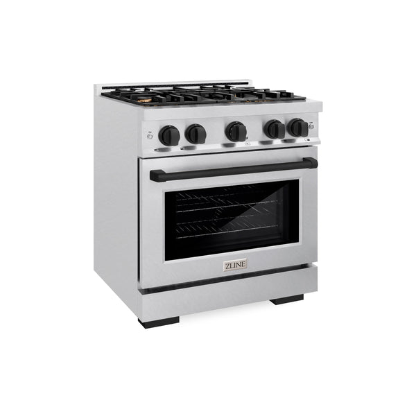 ZLINE Autograph Edition 30 in. 4.2 cu. ft. Select Dual Fuel Range with 4 Burner Gas Cooktop and Electric Convection Oven in DuraSnow® Stainless Steel with Matte Black Accents (HDRSZ-30-MB)