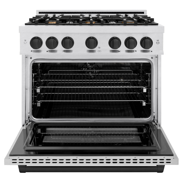 ZLINE Autograph Edition 36 in. 5.2 cu. ft. Select Dual Fuel Range with 6 Burner Gas Cooktop and Electric Convection Oven in DuraSnow® Stainless Steel with Matte Black Accents (HDRSZ-36-MB)