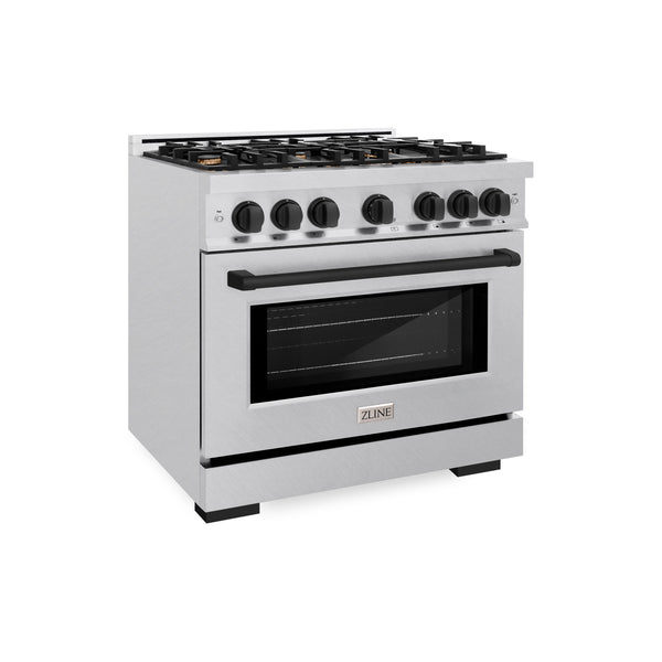 ZLINE Autograph Edition 36 in. 5.2 cu. ft. Select Dual Fuel Range with 6 Burner Gas Cooktop and Electric Convection Oven in DuraSnow® Stainless Steel with Matte Black Accents (HDRSZ-36-MB)