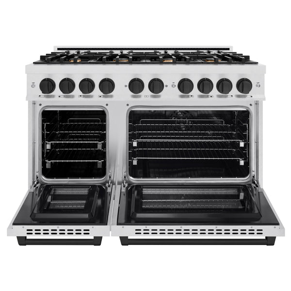 ZLINE Autograph Edition 48 in. 6.7 cu. ft. Select Double Oven Dual Fuel Range with 8 Burner Gas Cooktop in DuraSnow® Stainless Steel and Matte Black Accents (HDRSZ-48-MB)