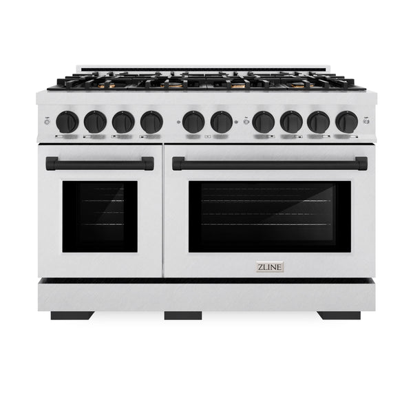 ZLINE Autograph Edition 48 in. 6.7 cu. ft. Select Double Oven Dual Fuel Range with 8 Burner Gas Cooktop in DuraSnow® Stainless Steel and Matte Black Accents (HDRSZ-48-MB)