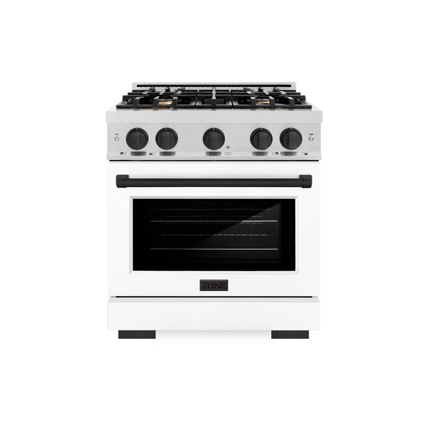 ZLINE Autograph Edition 30 in. 4.2 cu. ft. Select Dual Fuel Range with 4 Burner Gas Cooktop and Electric Convection Oven in DuraSnow® Stainless Steel with White Matte Door and Matte Black Accents (HDRSZ-WM-30-MB)