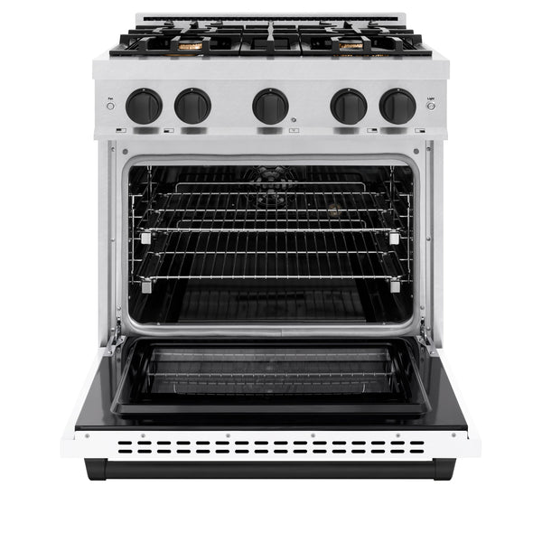 ZLINE Autograph Edition 30 in. 4.2 cu. ft. Select Dual Fuel Range with 4 Burner Gas Cooktop and Electric Convection Oven in DuraSnow® Stainless Steel with White Matte Door and Matte Black Accents (HDRSZ-WM-30-MB)