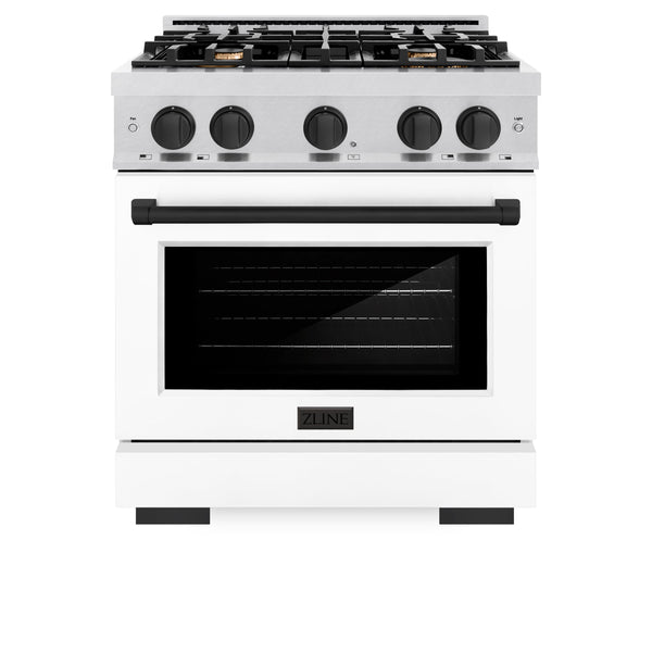 ZLINE Autograph Edition 30 in. 4.2 cu. ft. Select Dual Fuel Range with 4 Burner Gas Cooktop and Electric Convection Oven in DuraSnow® Stainless Steel with White Matte Door and Matte Black Accents (HDRSZ-WM-30-MB)