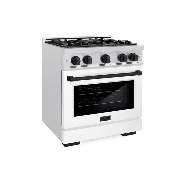 ZLINE Autograph Edition 30 in. 4.2 cu. ft. Select Dual Fuel Range with 4 Burner Gas Cooktop and Electric Convection Oven in DuraSnow® Stainless Steel with White Matte Door and Matte Black Accents (HDRSZ-WM-30-MB)