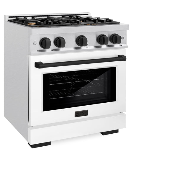 ZLINE Autograph Edition 30 in. 4.2 cu. ft. Select Dual Fuel Range with 4 Burner Gas Cooktop and Electric Convection Oven in DuraSnow® Stainless Steel with White Matte Door and Matte Black Accents (HDRSZ-WM-30-MB)