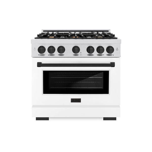ZLINE Autograph Edition 36 in. 5.2 cu. ft. Select Dual Fuel Range with 6 Burner Gas Cooktop and Electric Convection Oven in DuraSnow® Stainless Steel with White Matte Door and Matte Black Accents (HDRSZ-WM-36-MB)