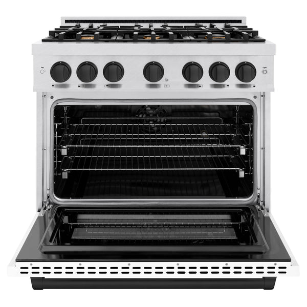 ZLINE Autograph Edition 36 in. 5.2 cu. ft. Select Dual Fuel Range with 6 Burner Gas Cooktop and Electric Convection Oven in DuraSnow® Stainless Steel with White Matte Door and Matte Black Accents (HDRSZ-WM-36-MB)