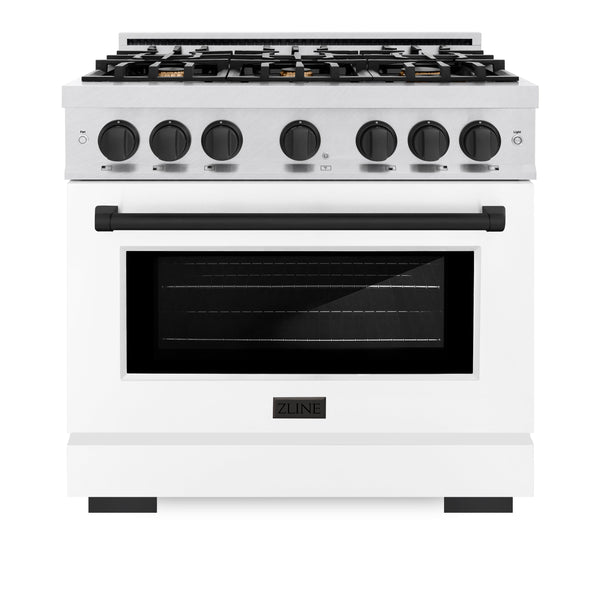 ZLINE Autograph Edition 36 in. 5.2 cu. ft. Select Dual Fuel Range with 6 Burner Gas Cooktop and Electric Convection Oven in DuraSnow® Stainless Steel with White Matte Door and Matte Black Accents (HDRSZ-WM-36-MB)