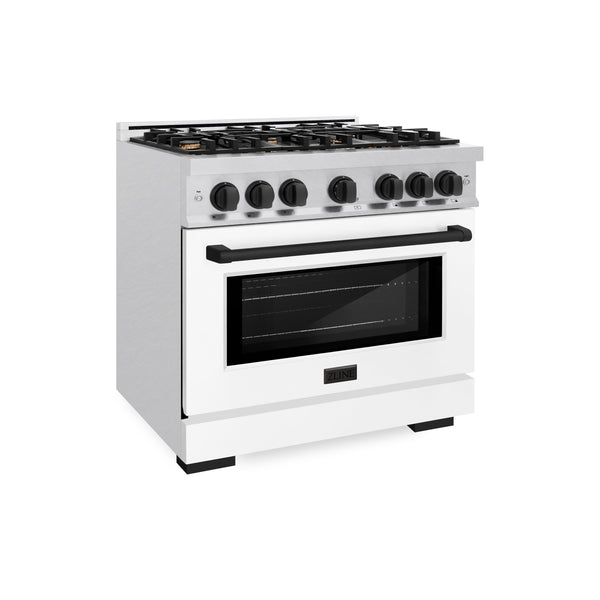 ZLINE Autograph Edition 36 in. 5.2 cu. ft. Select Dual Fuel Range with 6 Burner Gas Cooktop and Electric Convection Oven in DuraSnow® Stainless Steel with White Matte Door and Matte Black Accents (HDRSZ-WM-36-MB)