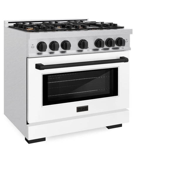 ZLINE Autograph Edition 36 in. 5.2 cu. ft. Select Dual Fuel Range with 6 Burner Gas Cooktop and Electric Convection Oven in DuraSnow® Stainless Steel with White Matte Door and Matte Black Accents (HDRSZ-WM-36-MB)