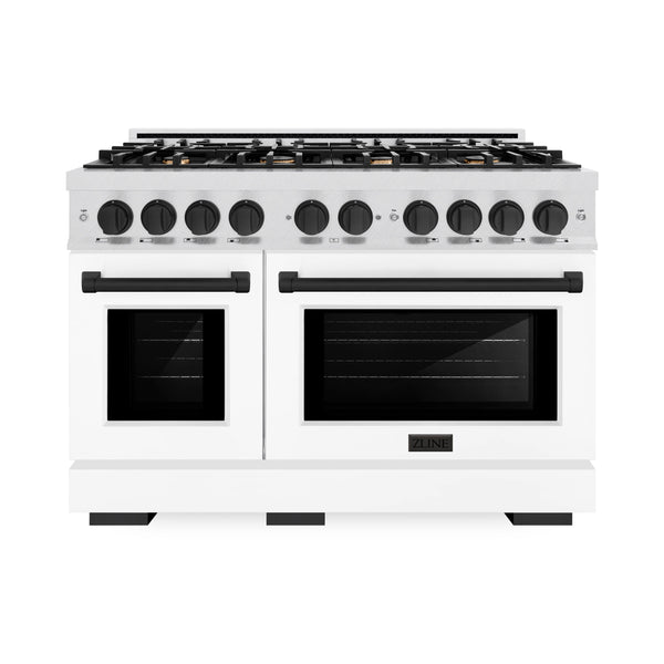ZLINE Autograph Edition 48 in. 6.7 cu. ft. Select Double Oven Dual Fuel Range with 8 Burner Gas Cooktop in DuraSnow® Stainless Steel with White Matte Doors and Matte Black Accents (HDRSZ-WM-48-MB)