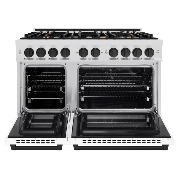 ZLINE Autograph Edition 48 in. 6.7 cu. ft. Select Double Oven Dual Fuel Range with 8 Burner Gas Cooktop in DuraSnow® Stainless Steel with White Matte Doors and Matte Black Accents (HDRSZ-WM-48-MB)